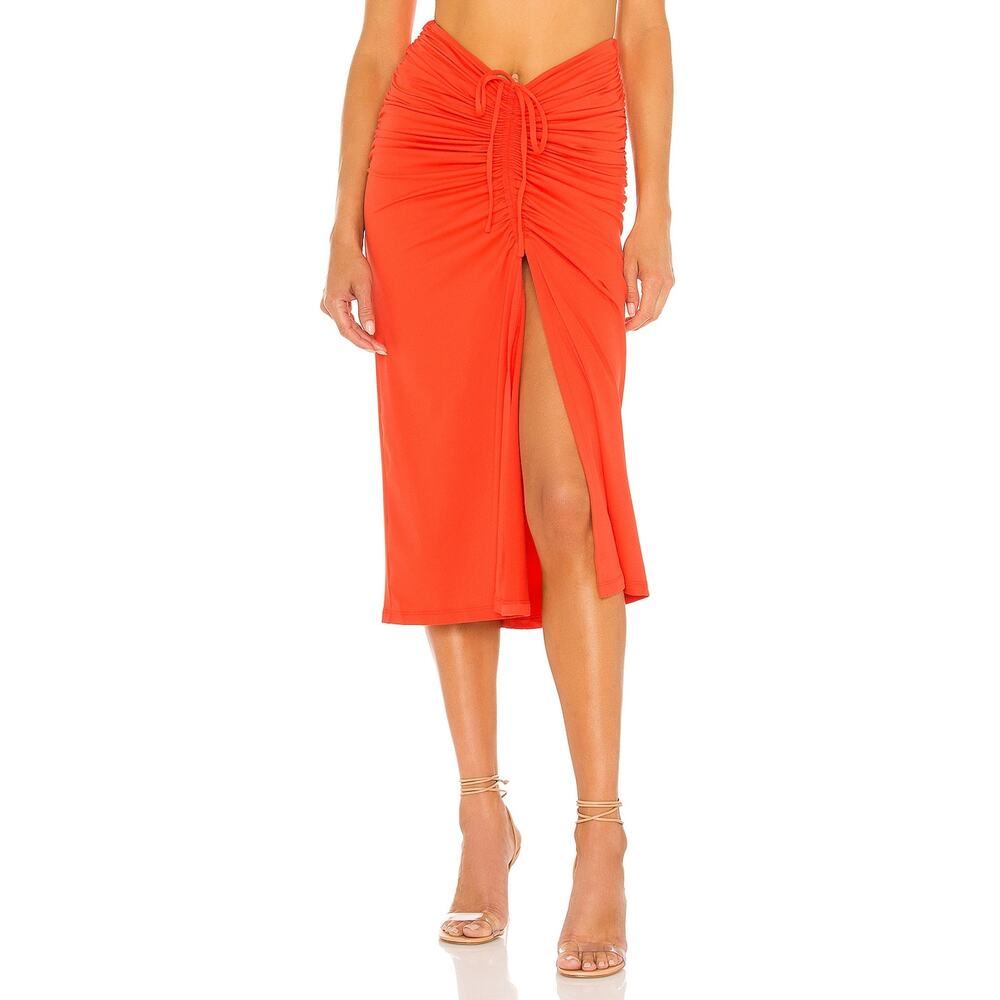 Susana Monaco 'Gathered' Red Nylon Drawstring Midi Skirt Size S